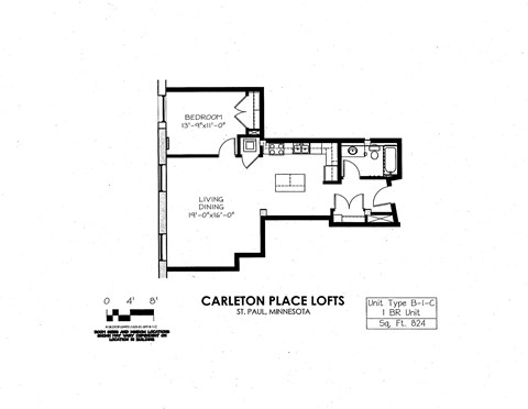 Floor plan for 1 bed, 1 bath, 824 sqft